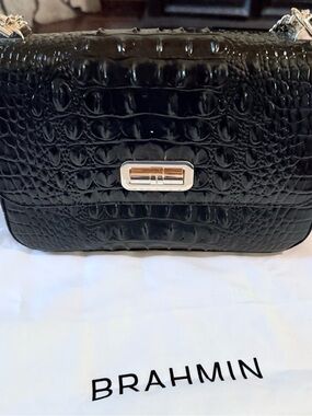 Brahmin Black Croc-Embossed Leather Chain Crossbody with Gold-Tone Hardware.